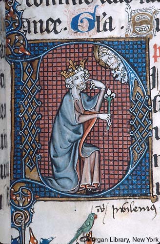 Late 13th/early 14th century Gothic illuminated Psalter from France, currently in the Morgan Library (M.796, fol. 35r). Public domaine image from Index of Medieval Art. Illumination of Ps 39